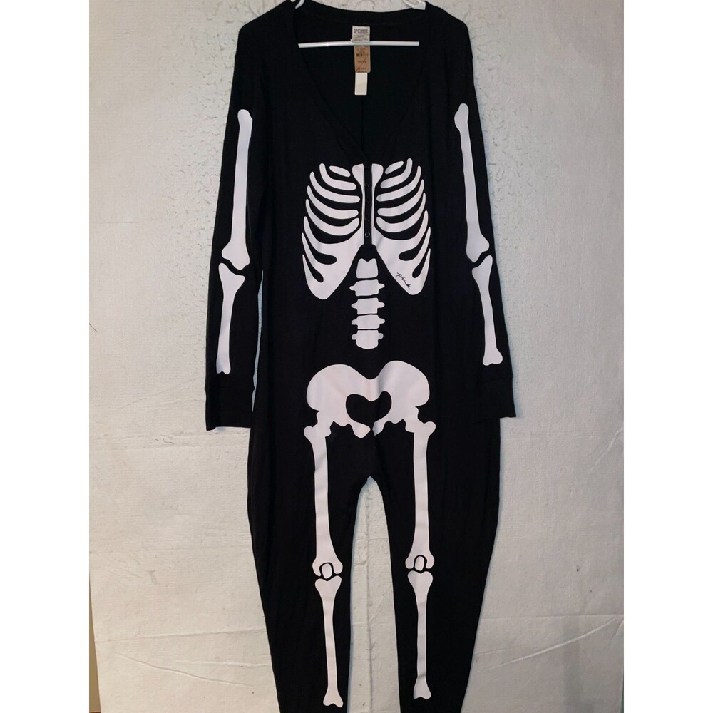 Victoria Secret PINK One Piece Pajama Thermal Skeleton Long Janes XXL Halloween